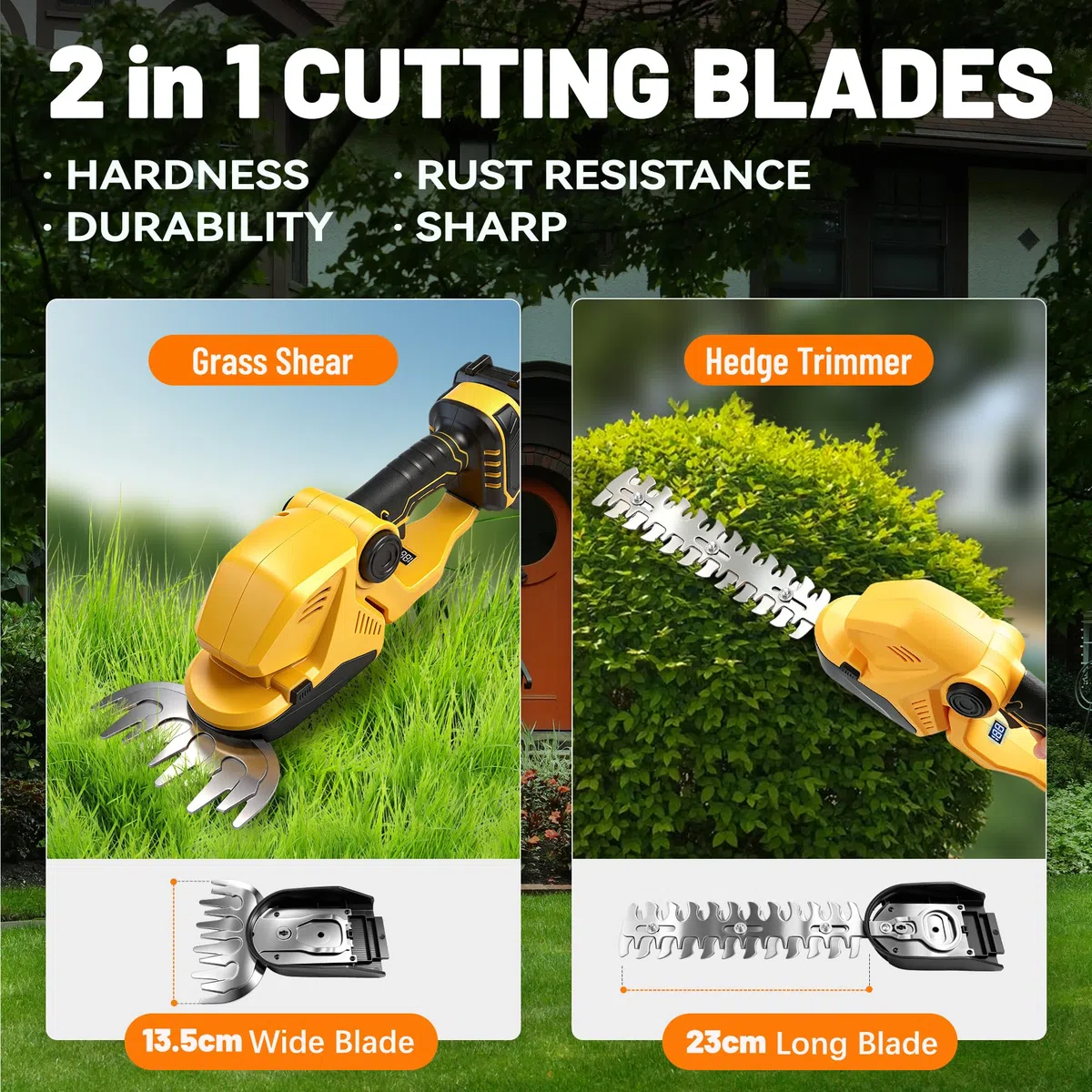 KingSom Tijeras Cortasetos y Arreglasetos 2 en 1, Corta Setos Jardin Electrico 21 V con Batería y Cargador, Pantalla Batería, Cortacetos Electrico, 2 Cuchillas - 23cm para Arbustos, 13.5cm para Césped