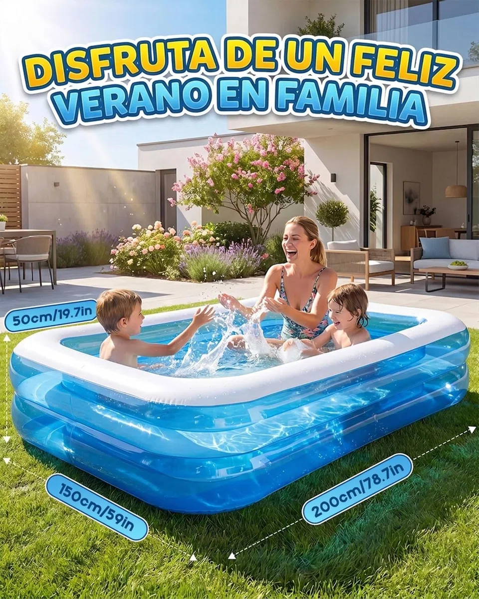 Piscina Hinchable 200x150x50cm PVC Rectangular–Piscina Inflable Familiar para Jardín Y Exterior, Piscina Hinchable Adultos, Bañera Hinchable Adulto, Piscinas Hinchables Verano
