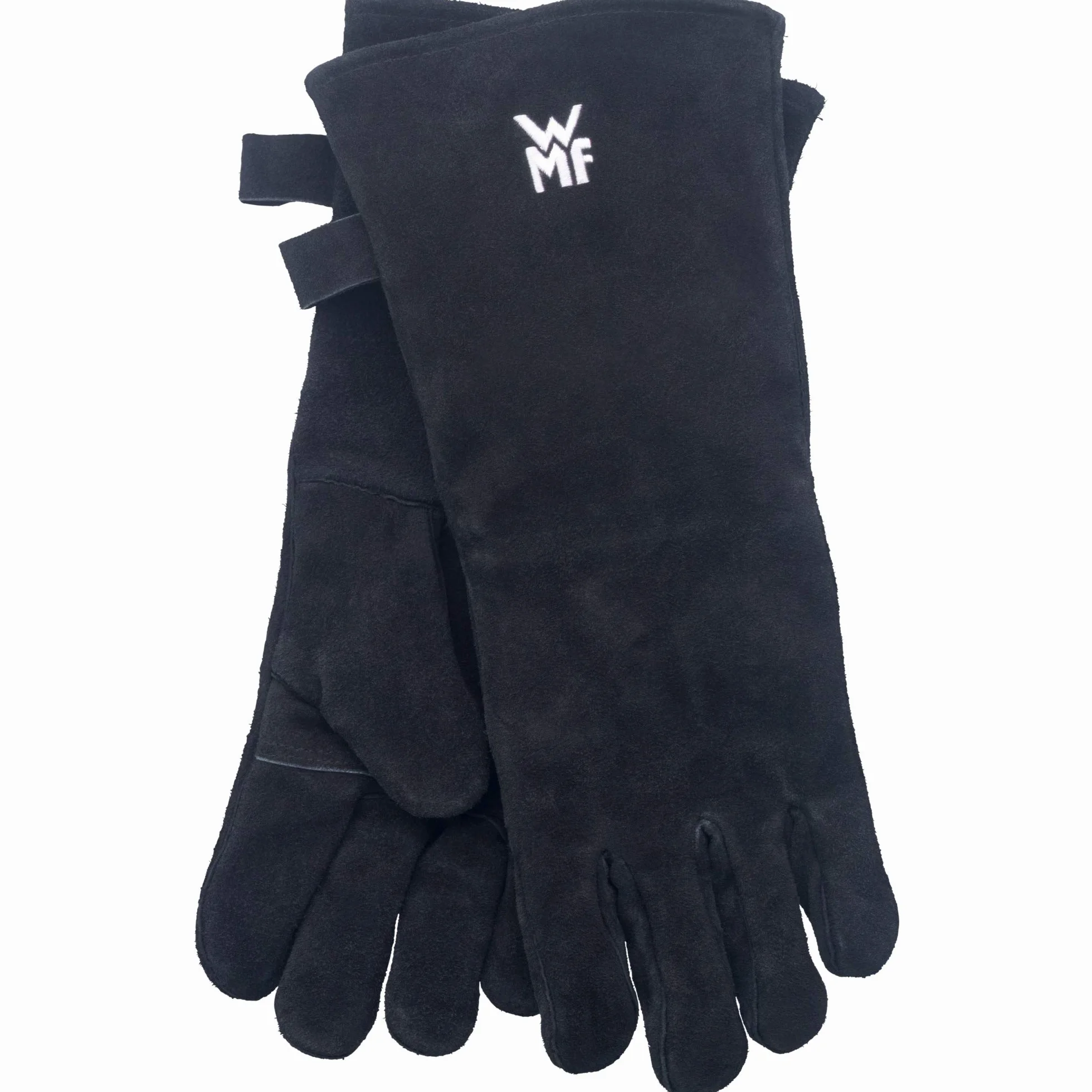 WMF BBQ - Grill Gloves, Par de Guantes para Barbacoa , Cuero Negro, Guantes Resistentes al Calor, Guantes para Horno Extra Largos, Tamaño Práctico (40 cm)