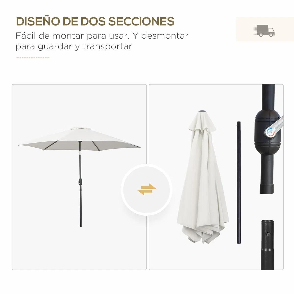 Outsunny Sombrilla de Jardín, Ø260x235 cm, Parasol de Jardín Reclinable con Manivela, Poste Desmontable de Aluminio y 6 Varillas de Metal, para Terraza, Exterior, Balcón, Crema
