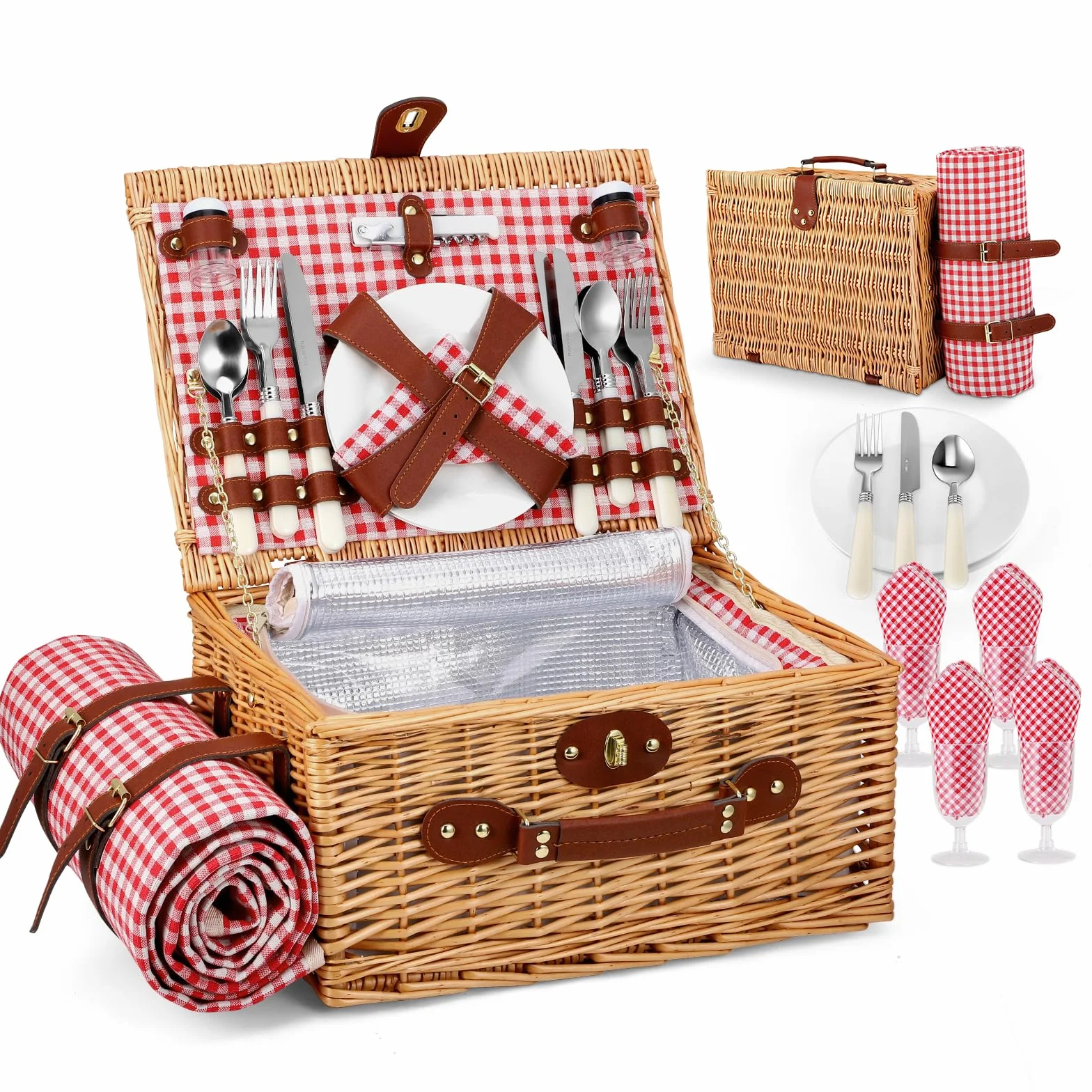 Cesta de Picnic Mimbre para 4 Personas, Cesta Trenzada a Mano con Aislamiento Integrado y Manta Impermeable – Set Completo con 4 Cubiertos, Platos, Vasos para Camping Playa jardín