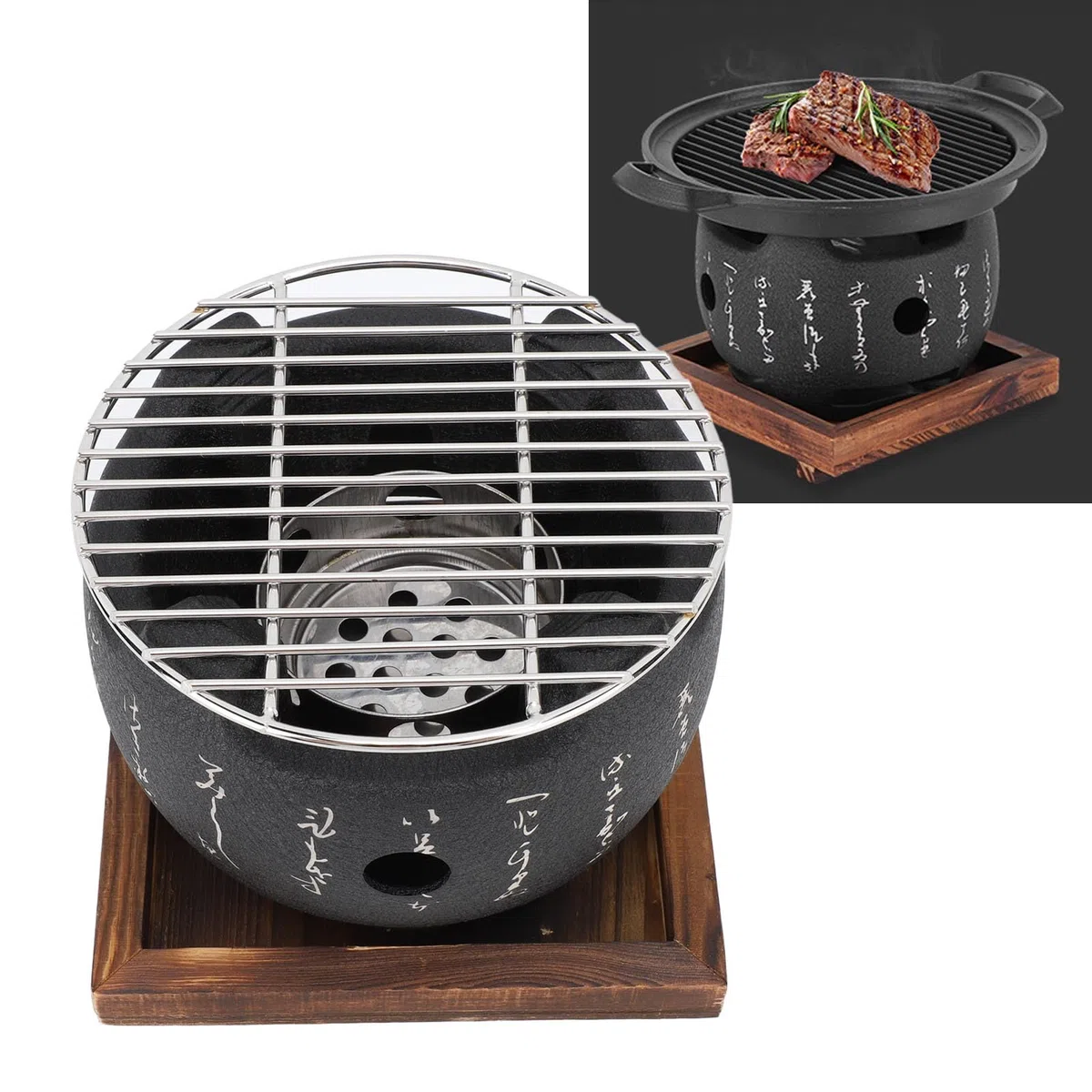 Tyenaza Barbacoa Japonesa Mesa, Parrilla Japonesa de Carbón Vegetal para Mesa, Portátil Mini Parrilla Redonda con Base de Madera, para Barbacoa en Casa, Picnic al Aire Libre, Camping(15x13 CM)