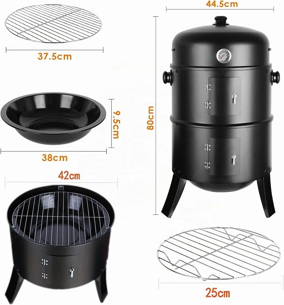 Barbacoa Ahumador, Barril y Horno Para Ahumar, 3 en 1 Barbacoa Smoker, Parrilla con Termómetro Integrado y Enganchados, Para Ahumar, Asar a la Parrilla y Cocinar