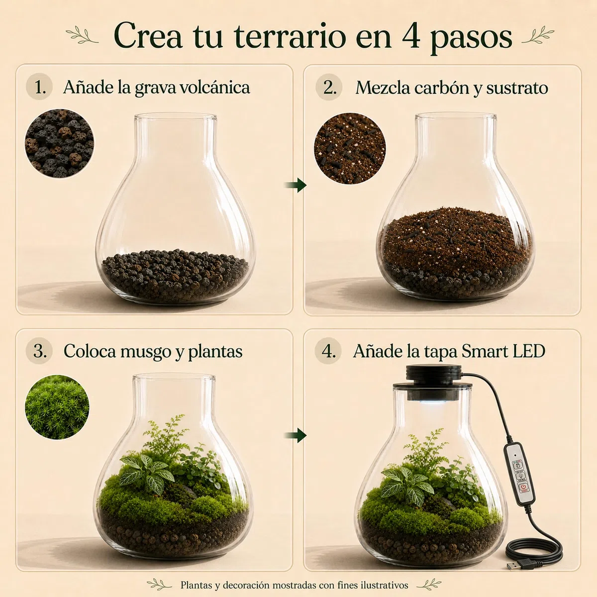 Kit Terrario XL Completo con Luz Smart LED para Jardín Eterno | Kit XL con recipiente 4L, luz Smart LED, herramientas, sustrato, grava, carbón activo y bote de riego antisalpicaduras
