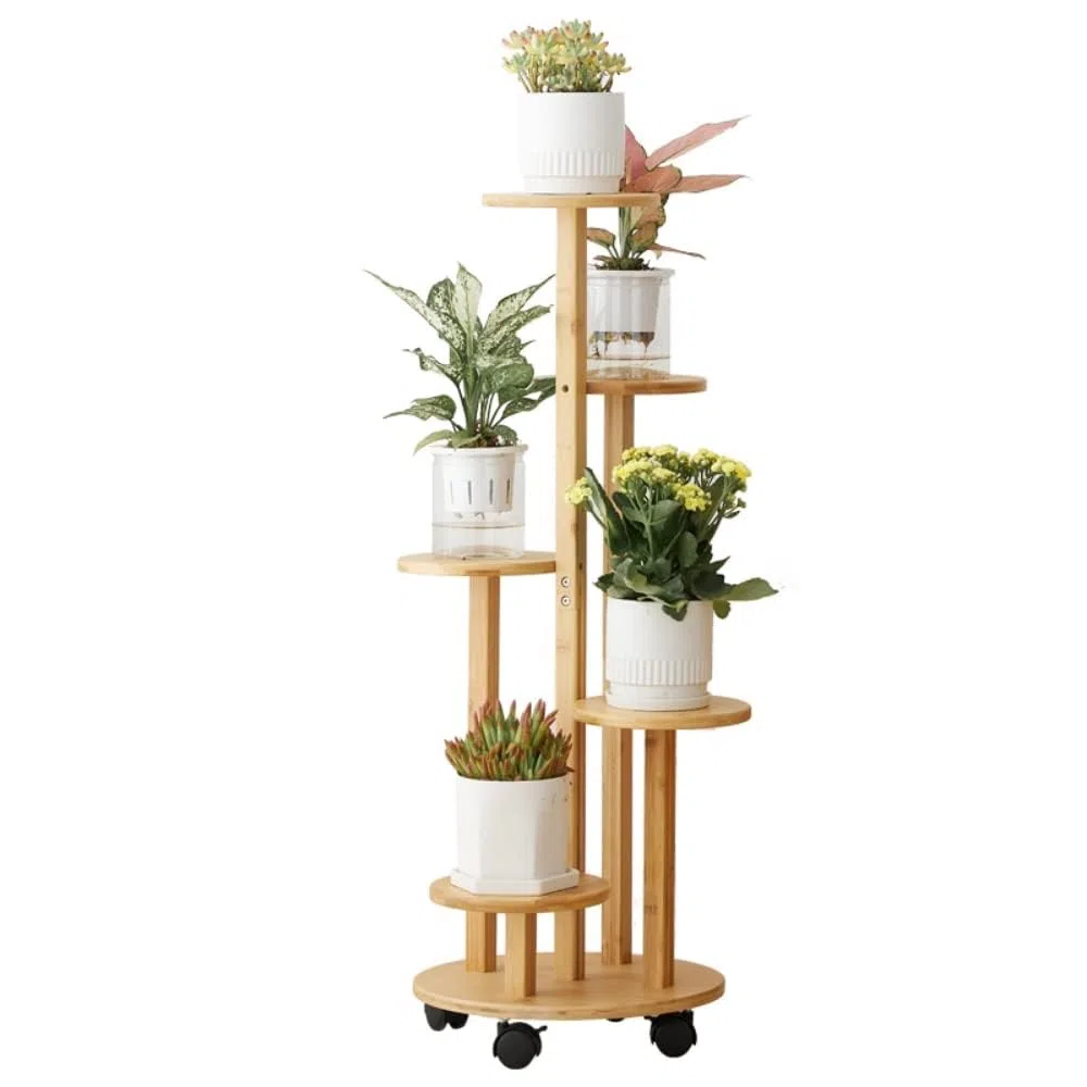 Estantería de bambú para flores con ruedas, 5 niveles, capacidad de carga de 20 kg, material natural resistente al agua, fácil montaje para salón, balcón, dormitorio (color madera)