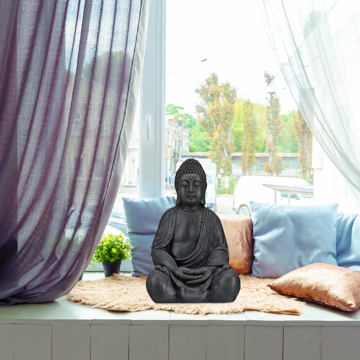 Relaxdays Estatua Buda Sentado XL para Jardín, Feng Shui, Exterior, Cerámica, 50 cm, Color Gris Claro