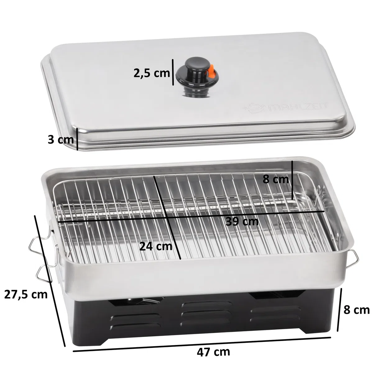 Mahlzeit Horno de Mesa para Ahumar con 2 Niveles de Acero Inoxidable | 47 x 27,5 x 20 cm | Ahumador de Acero Inoxidable | Caja para Ahumar, Horno de Pescado | Ahumador con 2 Quemadores