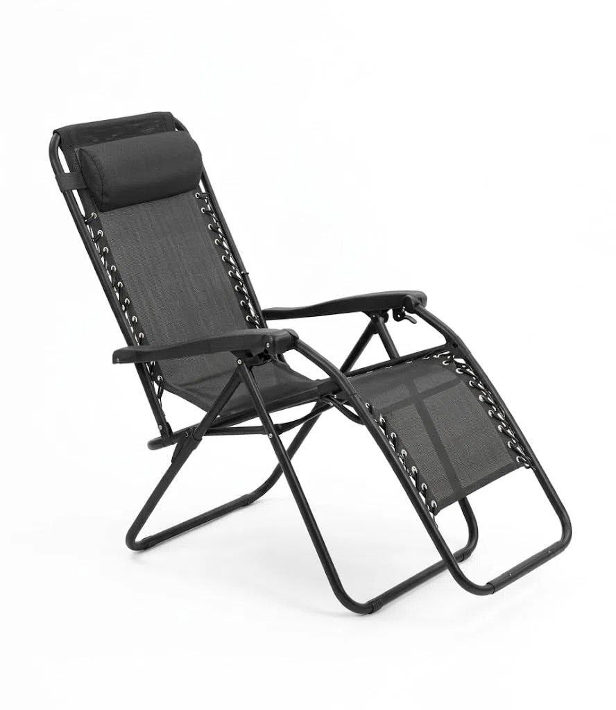 Creaciones Llopis ARW Silla Hamaca Plegable Gravity para Exterior con Cojín, Tumbona Reclinable para Jardín, Piscina, Terraza, Playa, Estructura de Acero, Tejido Transpirable, 158x63x106 cm, Negro