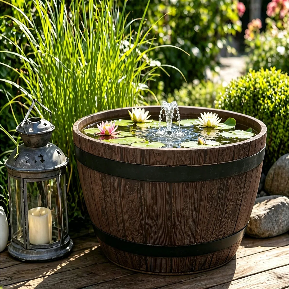 Macetero Grande Exterior de Plástico Efecto Madera - Color Castaño - Diseño Media Barrica - Ø 38 cm 19L - Maceta Resistente para Jardín, Terraza y Hogar