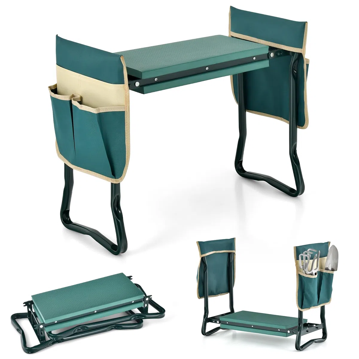 SOARS Banco de Jardín Plegable con Bolsillos para Herramientas y Rodilleras, Taburete de Jardín hasta 150 kg, Rodilleras para Jardinería, 58 x 27,5 x 50 cm (con 2 Bolsa de Herramientas)