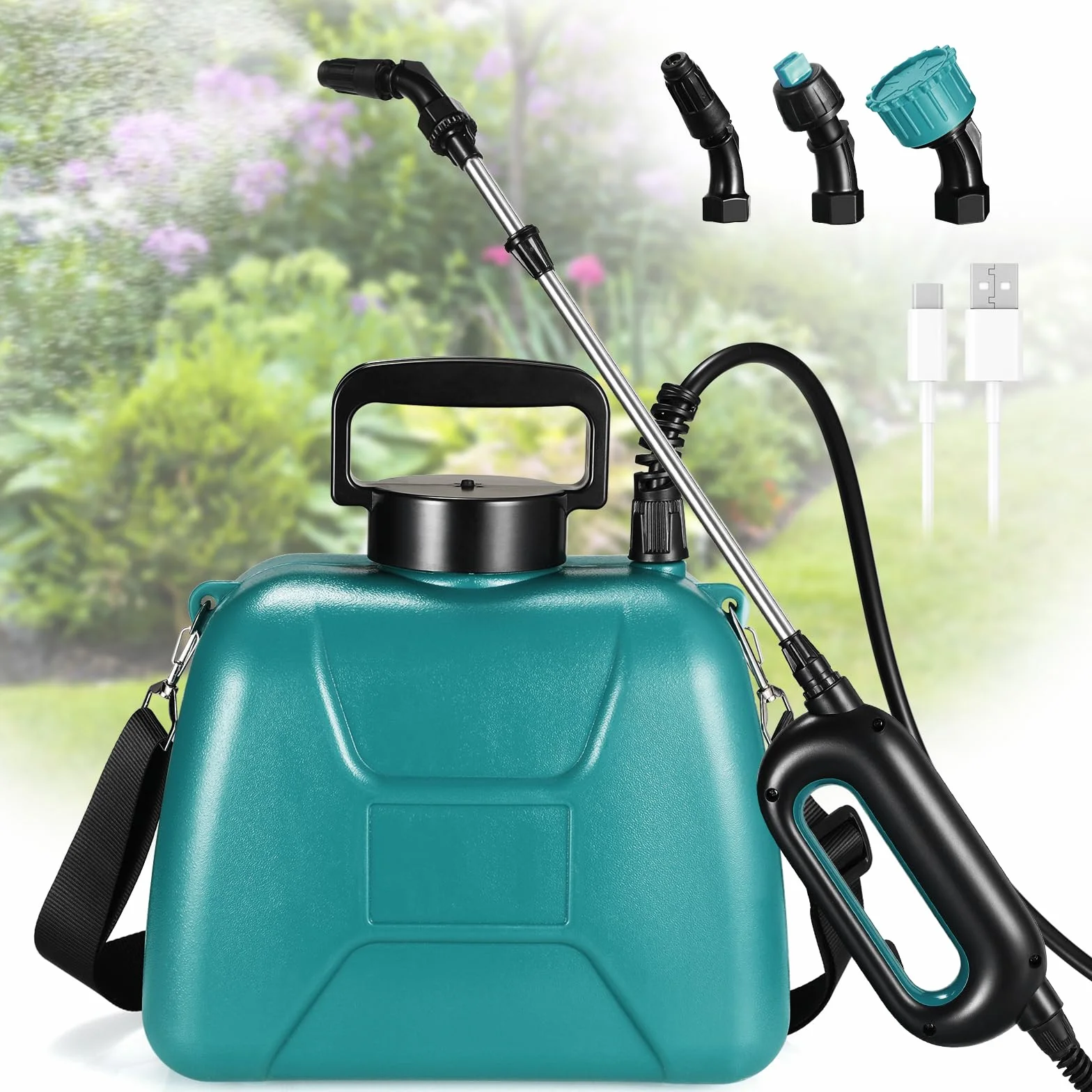 TLGREEN Pulverizador Eléctrico 8L, 7.4V/2000mAh Pulverizador de Jardín a Batería Recargable, con 3 Boquillas Regulable Varita Retráctil, Correa de Hombro Ajustable, para Plantas Jeringa de Malas