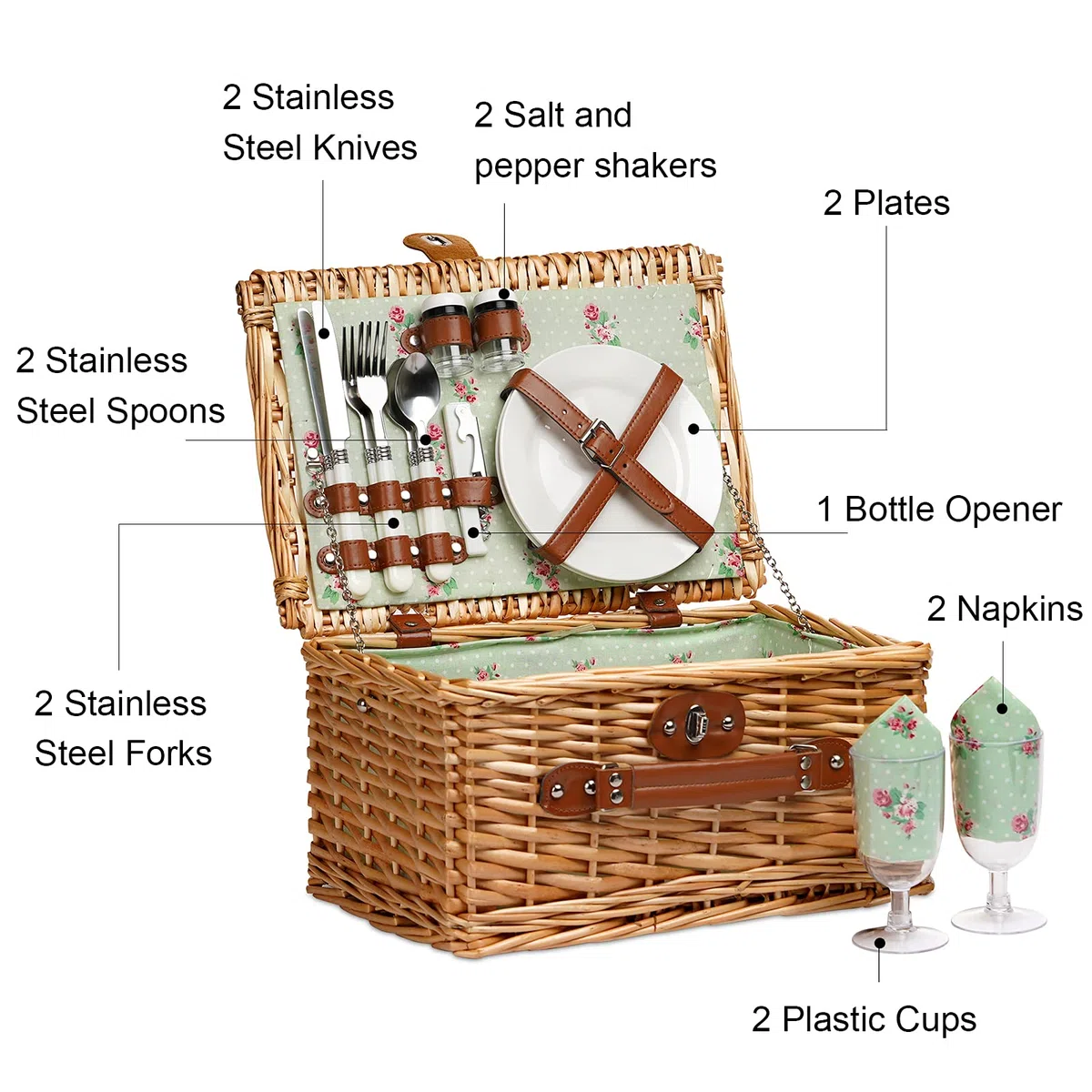 Cesta de Picnic de Mimbre para 2, Juegos de Cesta de Mimbre, Cesta de Picnic Hecha a Mano para 2 Personas con Cubiertos, Picnic, Flor de Camping