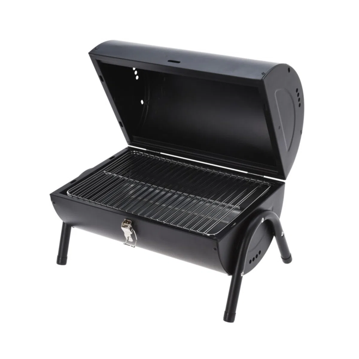 Barbacoa cilindro de metal negro mate con mango de madera y patas metálicas - Incluye 2 rejillas y 2 placas metálicas 38x24,5cm