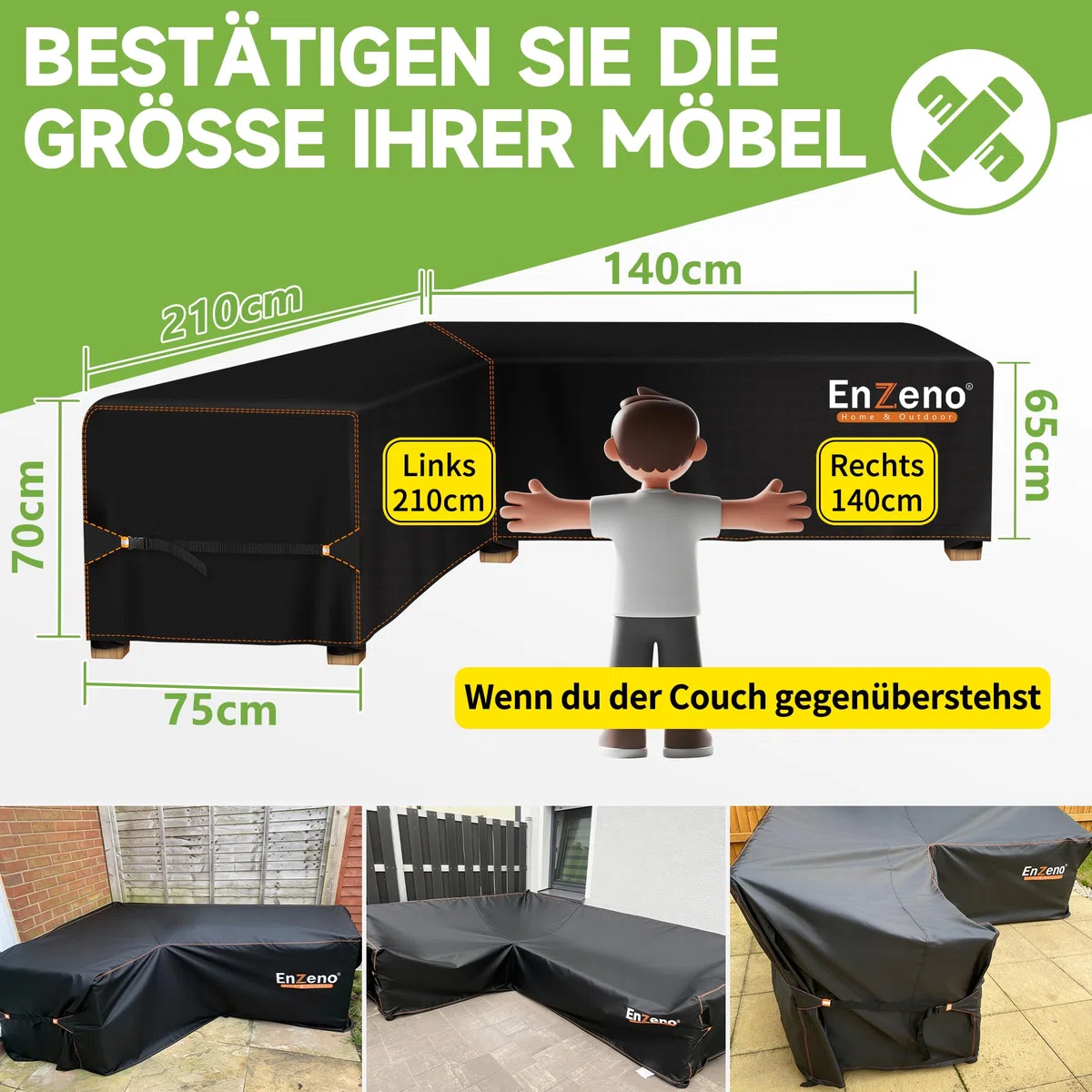 Enzeno Cubierta para Muebles de jardín para sofás en Forma de L (Izquierda Larga y Derecha), Lona Impermeable para sofá de Esquina, con Rayas, Impermeable, 210 x 140 x 75 cm
