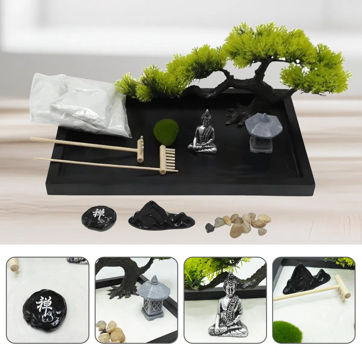 Jardin Zen en Miniatura 12x8 Pulgadas Incluye Arena Estatuas Palos Bandejas Piedras Etc Accesorios para jardín Zen Adecuado para la decoración como Regalo para la meditación