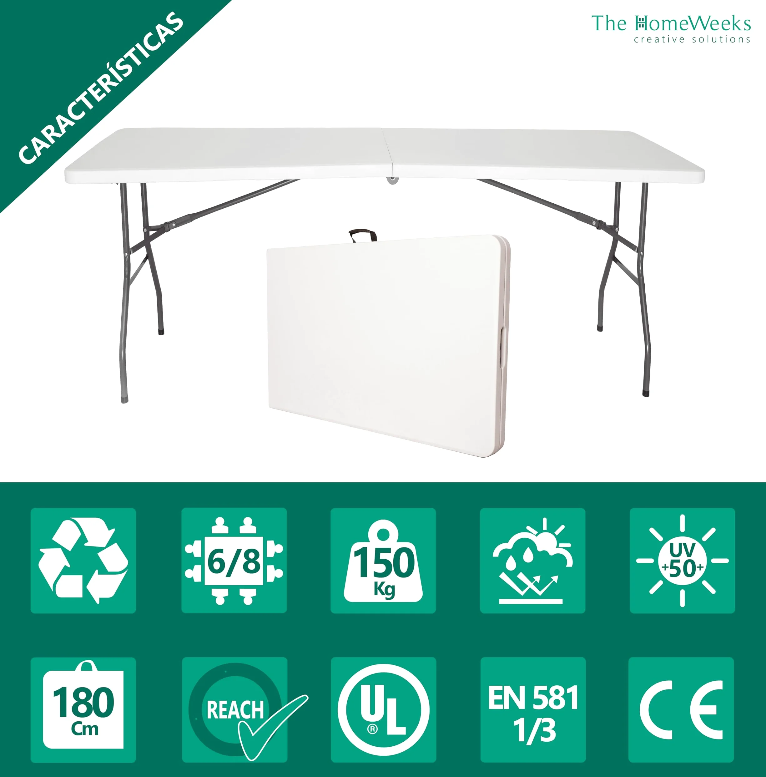 The Homeweeks Mesa Plegable Solid 180cm | portátil | Normativa Uso público Interior/Exterior EN 581-1/3 | Tablero Resina HDPE 3,5cm | Capacidad 6/8 Personas y Carga 150 kg | Multiuso
