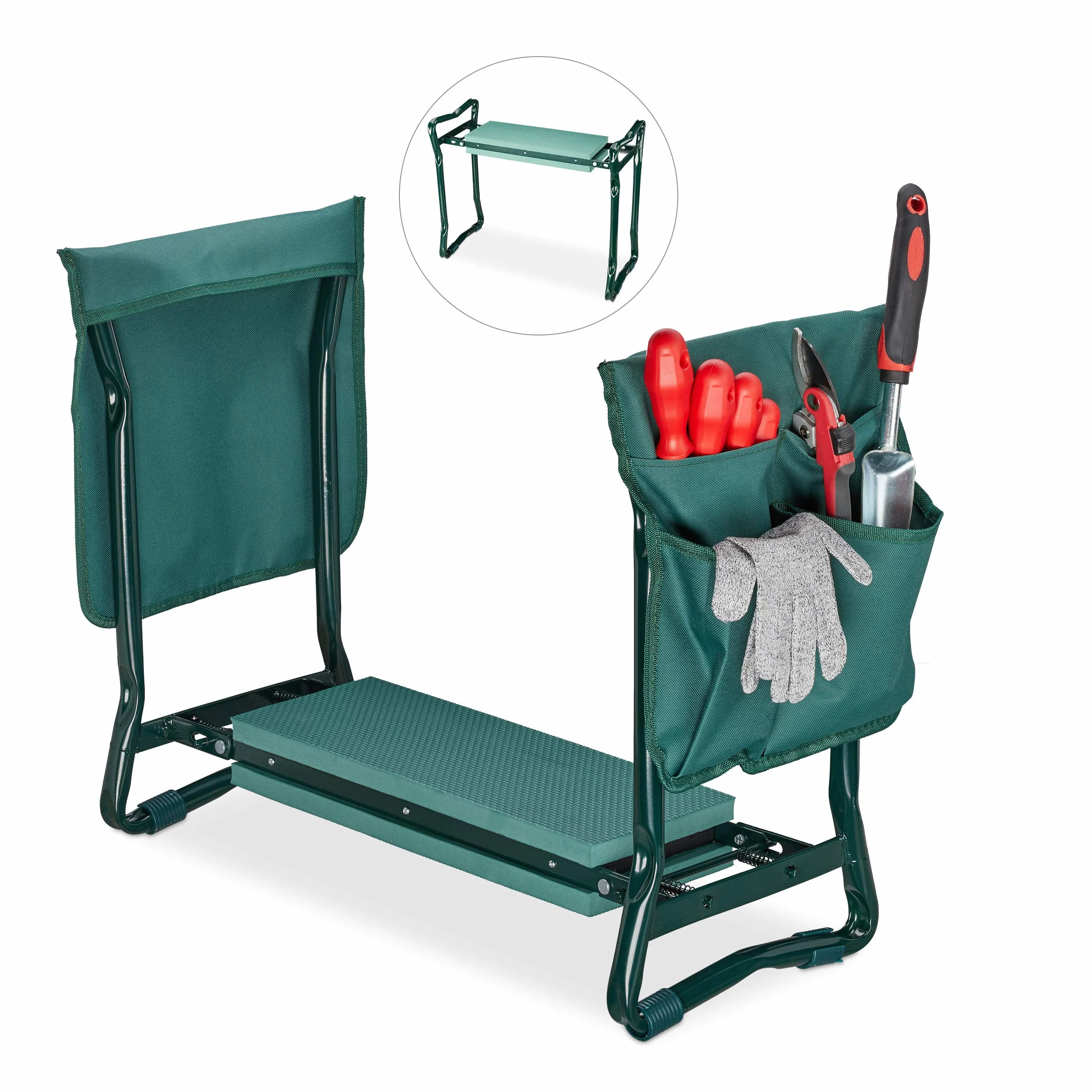 Relaxdays - Banco Plegable/Cojín Rodillas hasta 150 kg para Jardín, Verde, 50 x 60 x 27.5 cm