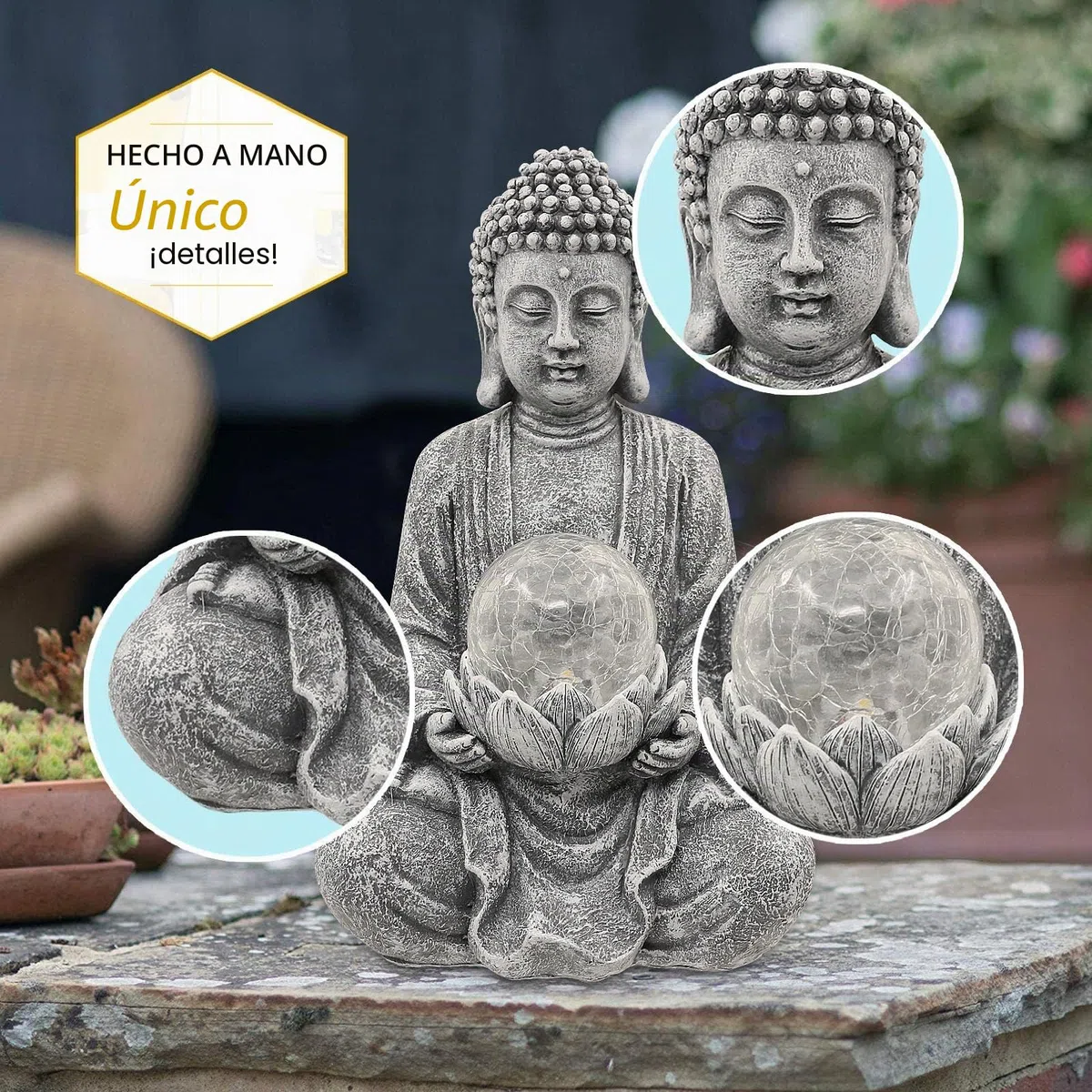 Yeomoo Figura de Buda de meditación para exteriores, decoración de jardín Zen Buda grande con lámpara solar, bola de cristal, figuras de regalo para mamá/mujeres, decoración japonesa para balcón