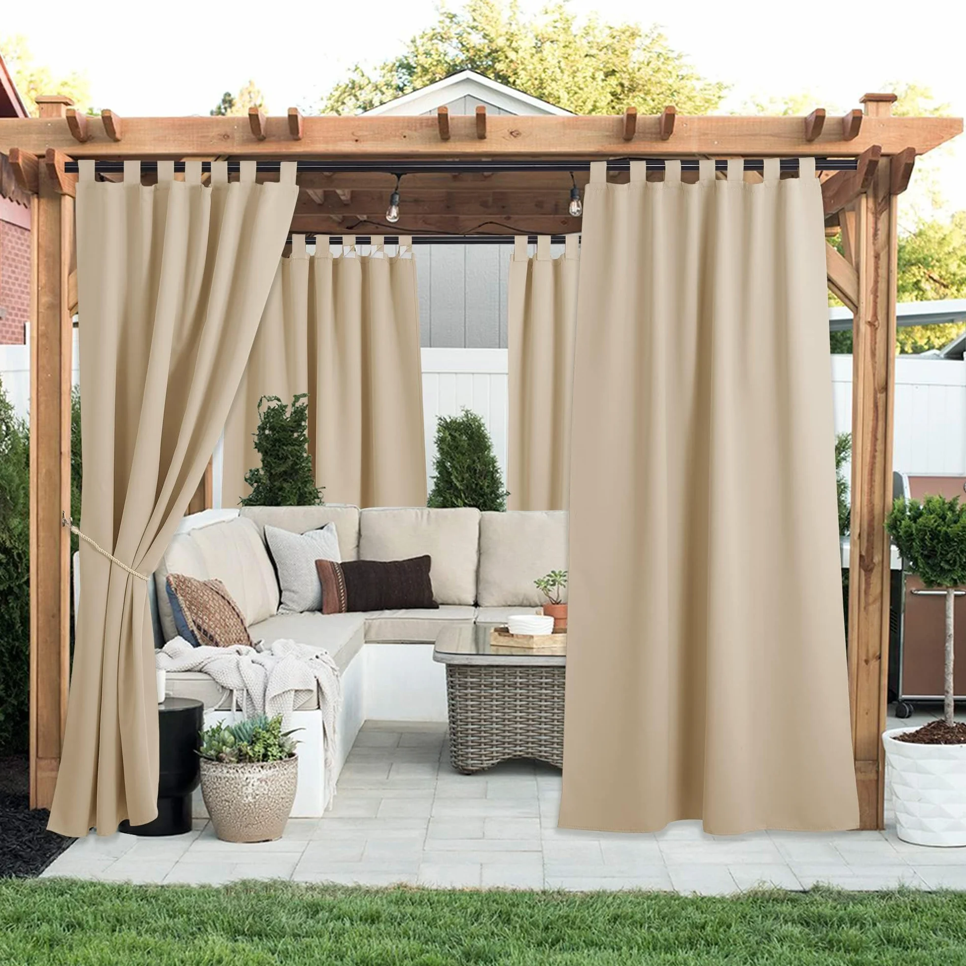 PONY DANCE Cortinas Exterior Terraza Impermeable con Trabillas Adhesivas, Cortinas Opacas Aislantes Luz para Patio/Porche/Jardin/Balcon 2 Piezas,132x274cm(AnxAl),Beige Oscuro