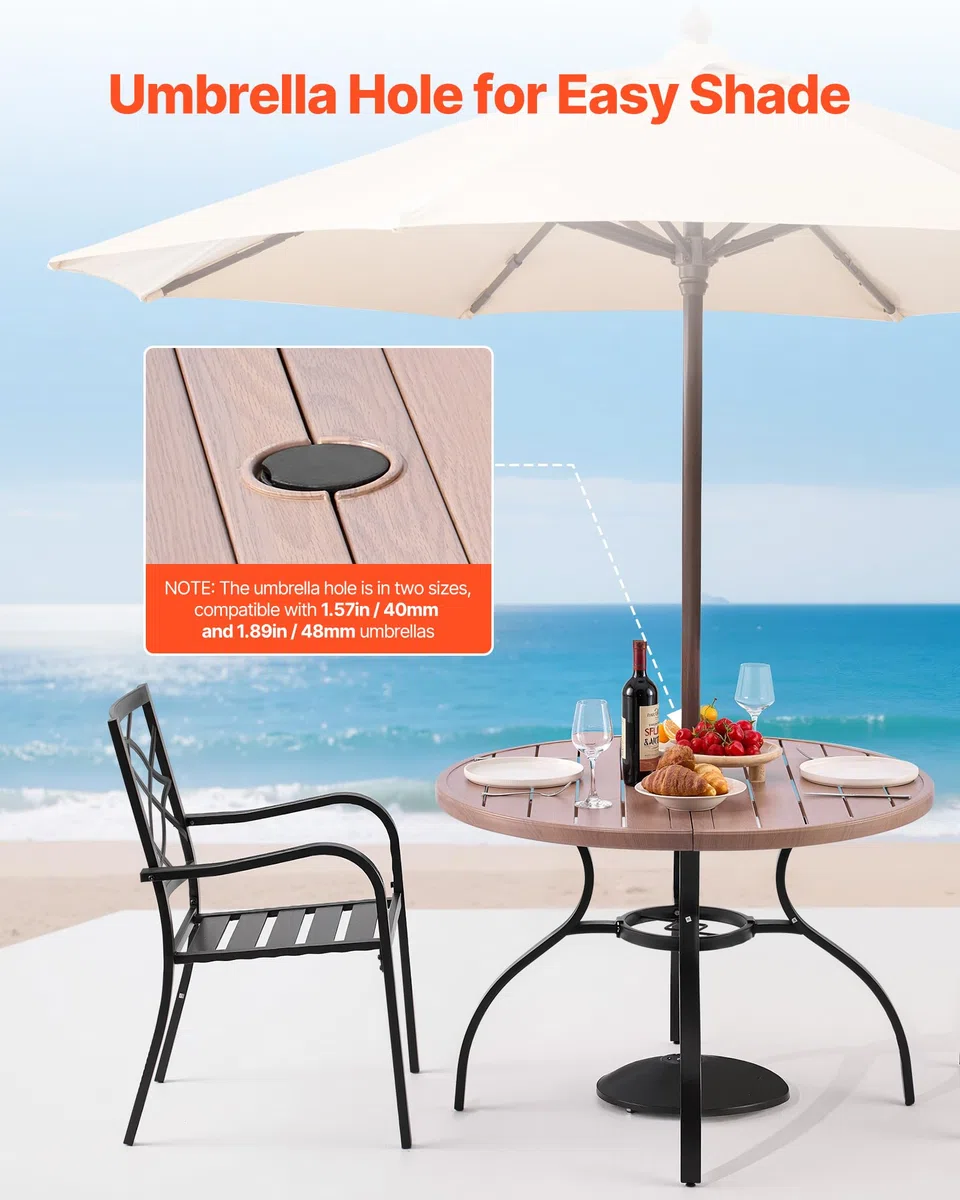 VEVOR Mesa de Patio para Jardín y Balcón, Redonda, de Acero al Carbono, para Exteriores, Patio, Terraza, Impermeable, con Orificio para Sombrilla y Veta de Madera, Carga 68 kg, 1035 x 720 mm