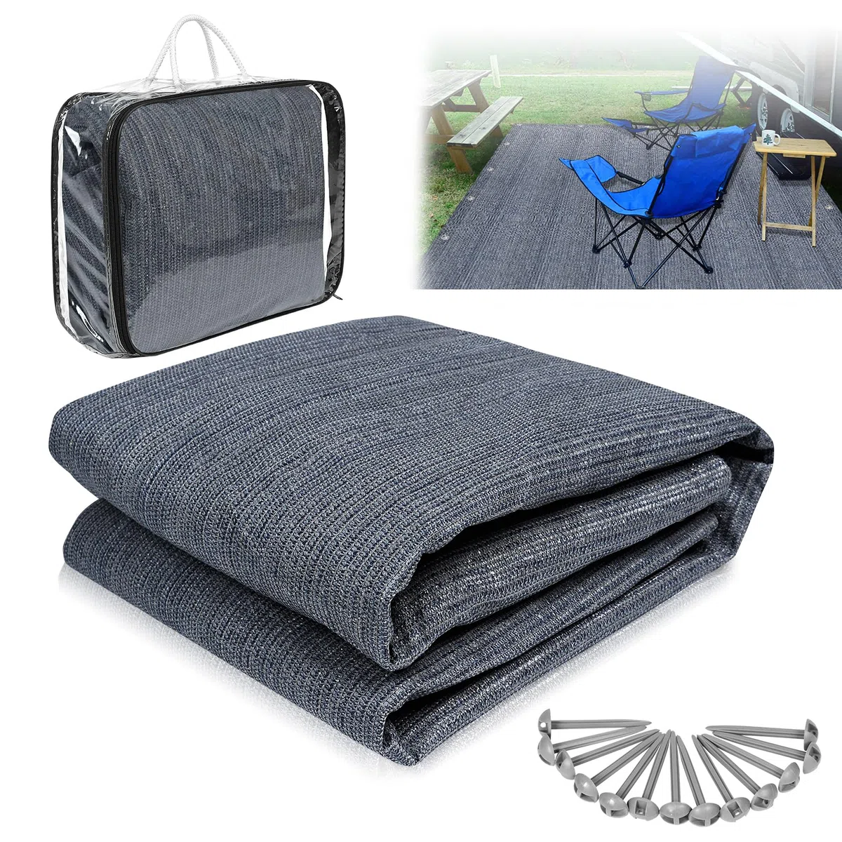 YUENFONG Alfombra para tienda de campaña, alfombra para tienda de campaña, de HDPE con ojales y piquetas, lavable, antideslizante, para exteriores, camping, juegos interiores, gris y azul