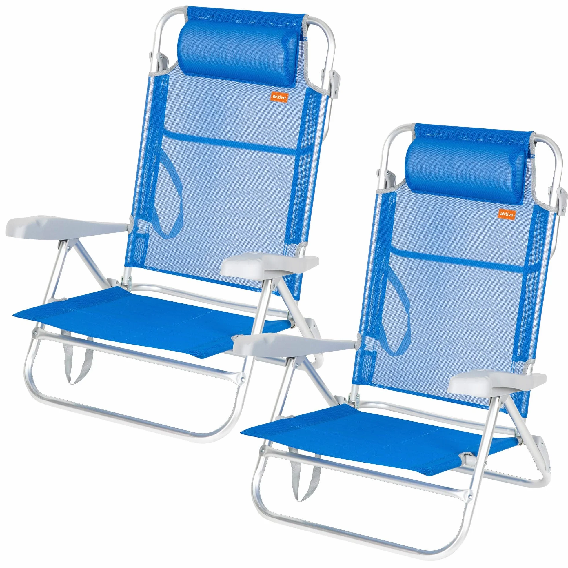 AKTIVE Pack 2 sillas Playa Plegables, Respaldo 8 Posiciones, Convertibles en Tumbona, 47x49x82 cm, De Aluminio y textileno, con cojín Acolchado y Asas de Mano, Máx. 110 kg, Azul (85443)