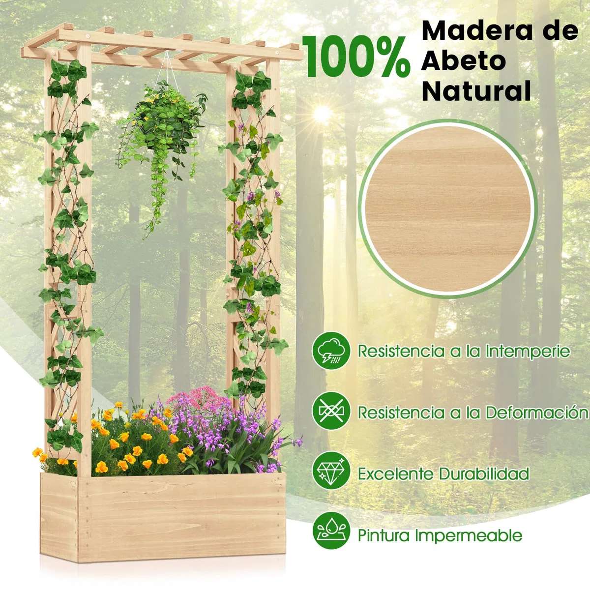 COSTWAY Cama de Jardín Elevada con Enrejado, Jardinera de Madera Independiente con Techo para Colgar, Agujeros de Drenaje para Plantas Trepadoras, Flores, Maceta de Plantación para Patio (Natural)