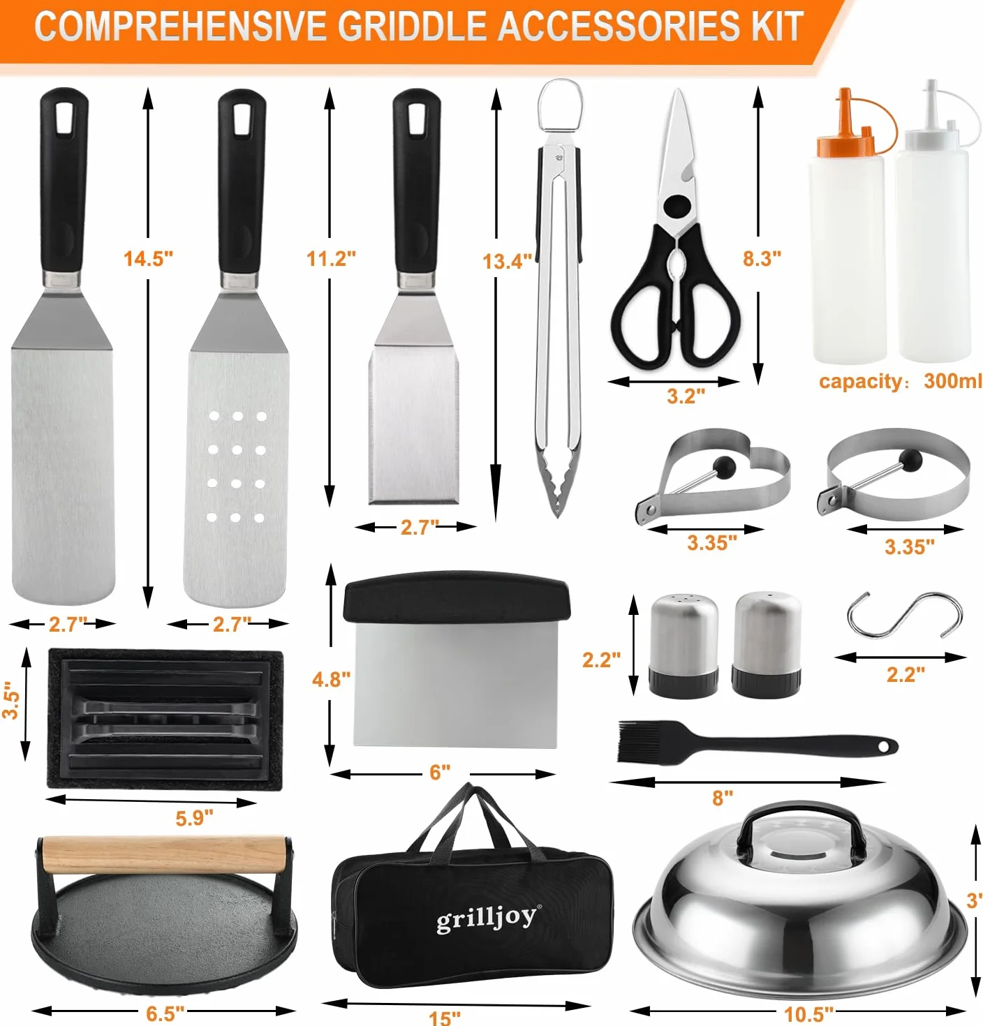 grilljoy Kit de Accesorios Barbacoa de Acero Inoxidable, Juego de Utensilios Barbacoa, Kit Smash Burger, Espátulas para Plancha, Smash Burger Press, 28 Kit Utensilios Barbacoa para Hombres
