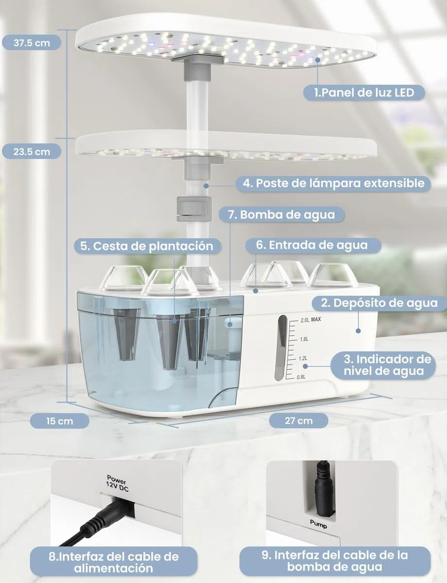 Sistema de Cultivo Hidropónico Kit de Cultivo Interior con Iluminación LED Automática, Huerto Interior con Temporizador Automático, Altura Ajustable (6 Vainas)