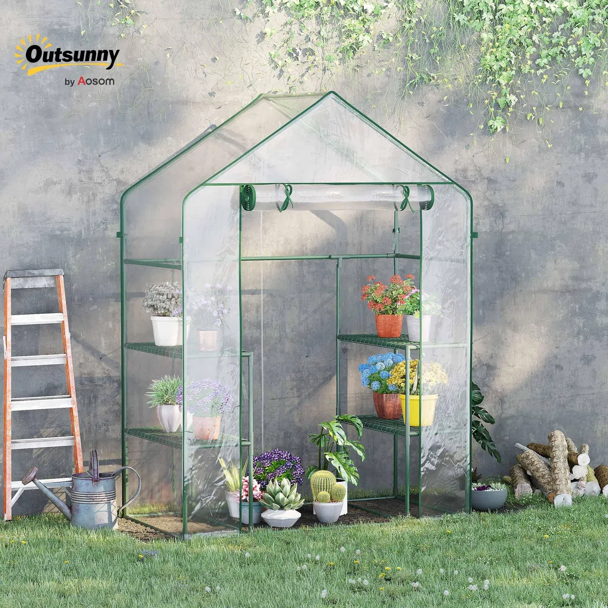Outsunny Invernadero de Jardín Invernadero de Terraza con 4 Estantes 1 Puerta con Cremallera para Cultivo de Plantas Flores Verduras 142x73x195 cm Verde