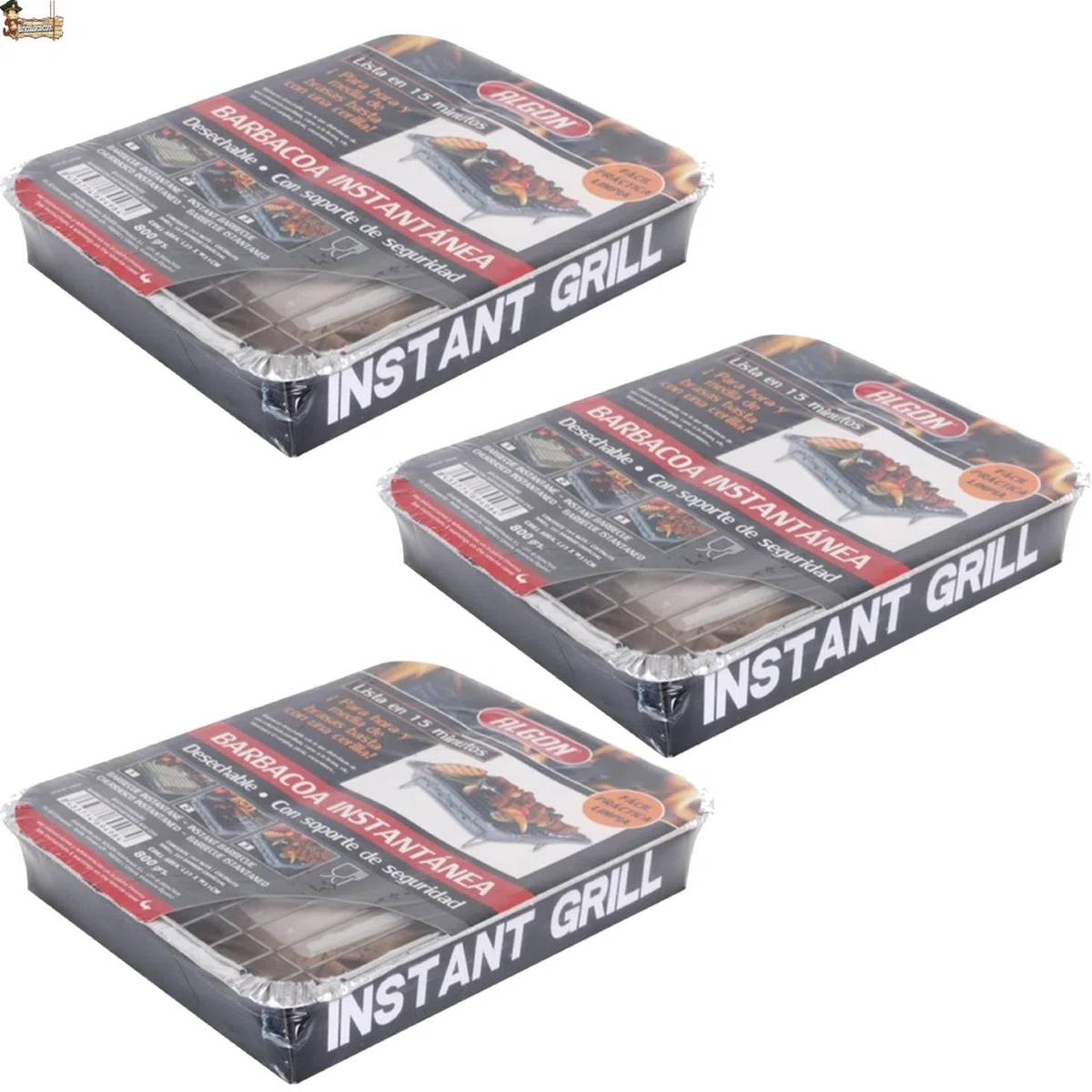 BricoLoco.com Barbacoa instantánea desechable de un solo uso para usar y tirar. ¡¡¡ Pack 3 uds. de 800 gramos de carbón “ y parrilla. Para jardín, picnic, excursiones, camping, en la cocina (3)