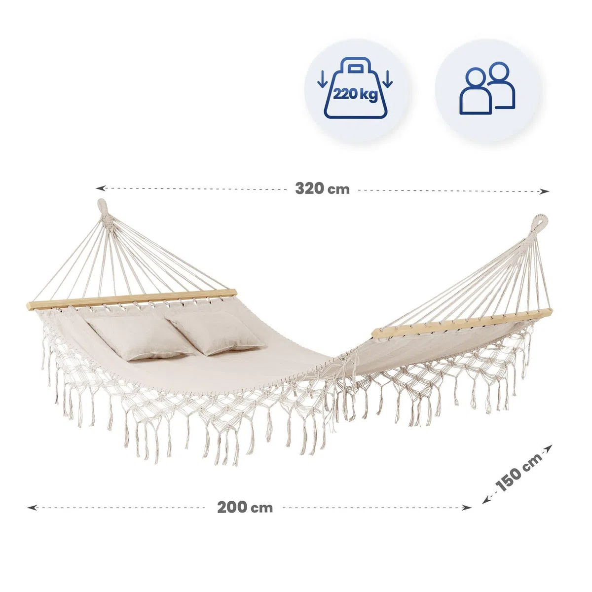Hamaca - 200x150 cm, hasta 220 kg - Hamaca Boho para Exterior, jardín y balcón