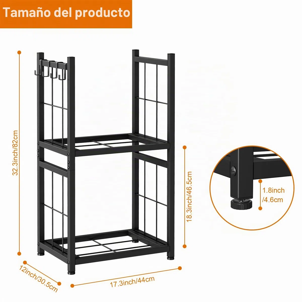 Shinoske Estante para leña de Chimenea con 4 ganchos, 44 x 30.5 x 82 cm, Estante de Leña para chimenea 2 Niveles Leñero Exterior e Interior Metálico, Negro