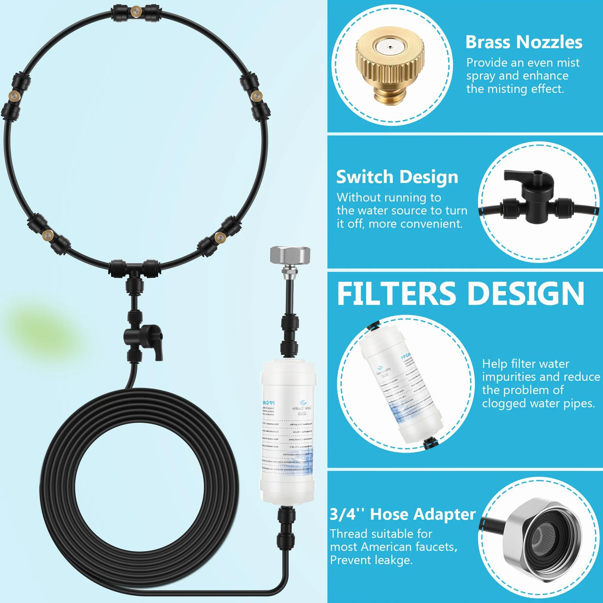 Enhon Kit de ventilador de nebulización para exteriores con filtros, línea de nebulización de 32.8 pies, 5 boquillas de latón, ventilador de refrigeración con válvula de interruptor para patio, jardín
