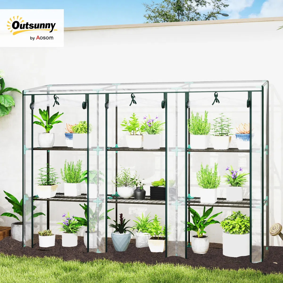Outsunny Invernadero de Exterior de 3 Niveles Invernadero de Jardín con 9 Estantes Puerta Enrollable con Cremallera Marco de Acero Cubierta de PE 140g/m² Anti-UV para Terraza 215x46x151cm Transparente