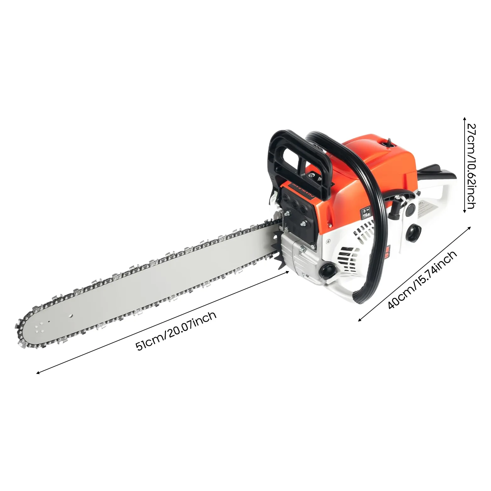 Motosierra de gasolina, 2000 W, gasolina con diámetro de corte de 51 cm, monocilindro, refrigeración por aire, 2 tiempos, cilindrada de 52 cm³, lubricación automática de cadena y freno de cadena