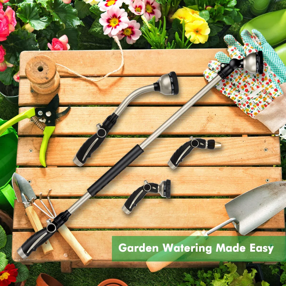 RESTMO Lanza de riego resistente, lanza de metal de 94 cm, cabezal de trinquete ajustable de 180°, varita de manguera de 10 patrones de pulverización, pistola rociadora larga perfecta para jardín,