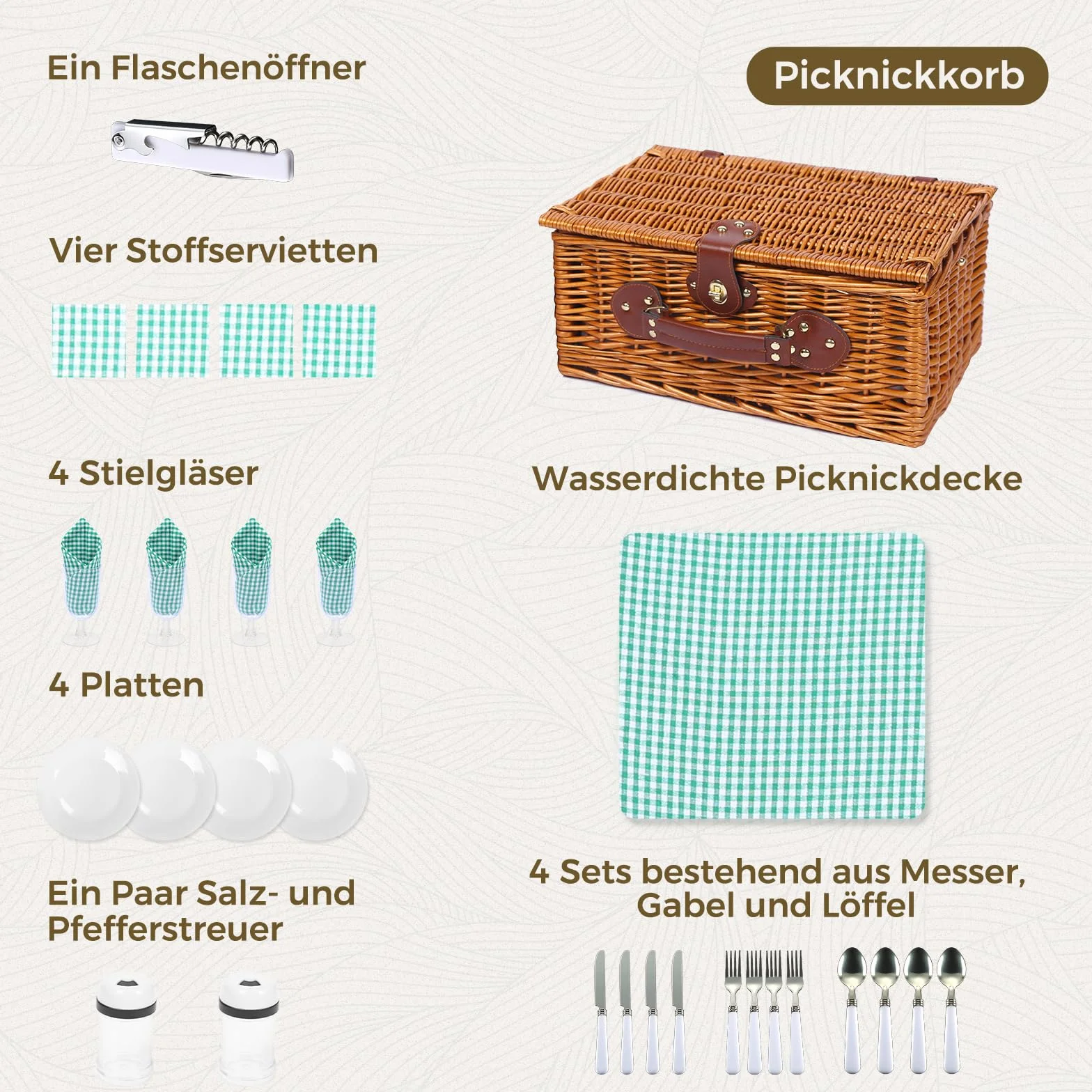 Juego de cesta de picnic para 4 personas con compartimento refrigerador y manta de picnic impermeable, correa extraíble, bolsa de vino, juego de cubiertos, para camping, playa, senderismo,