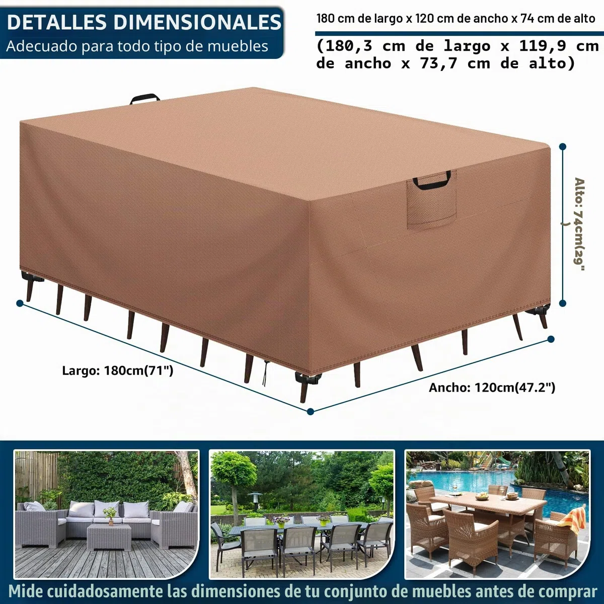 Funda Mesa Exterior Impermeable, Funda para Muebles de Jardín, Cubierta para Muebles de Jardin Tela Oxford 420D Anti Viento Anti UV Funda Protectora Mesa Exterior, Caqui,180x120x74cm