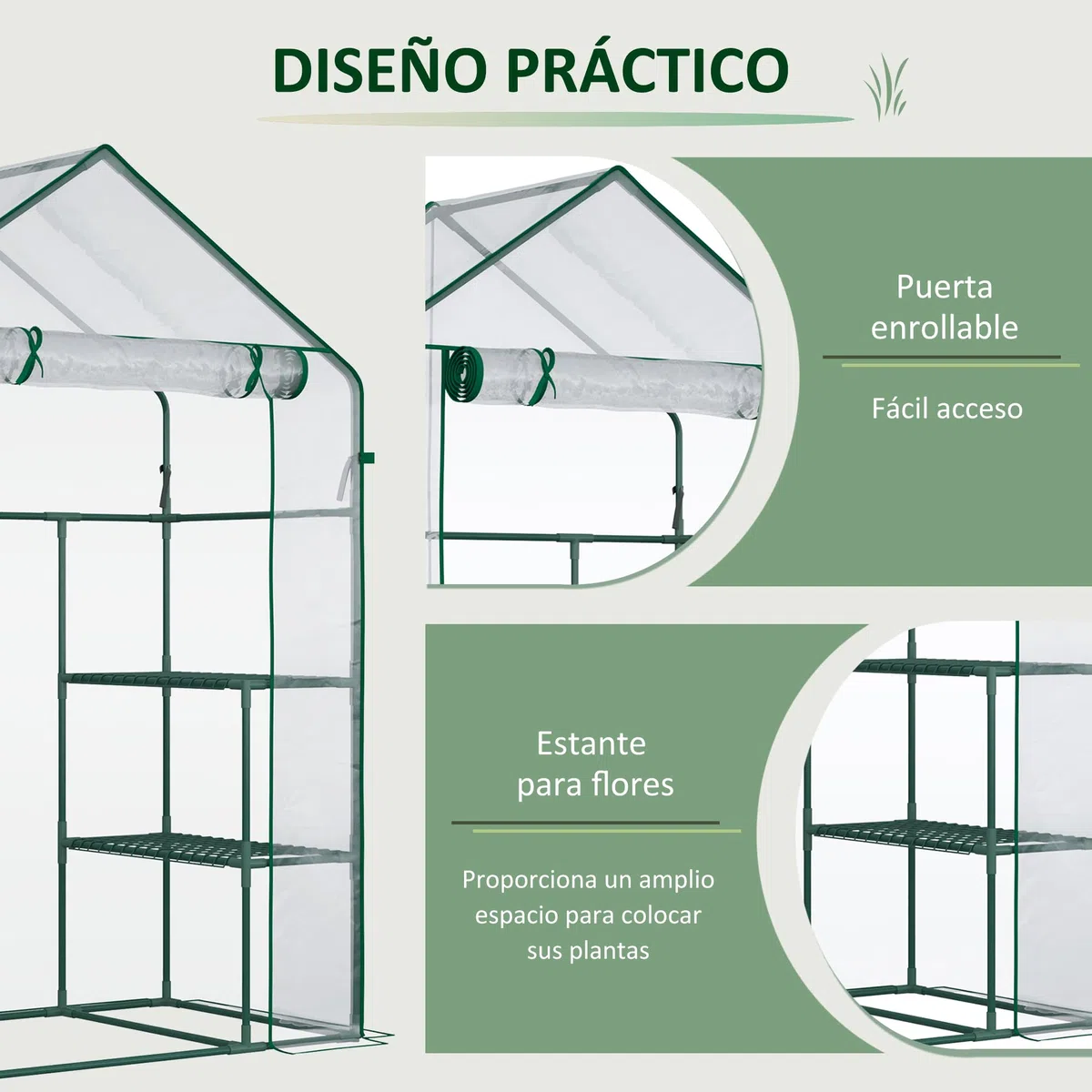 Outsunny Invernadero de Jardín Invernadero de Terraza con 4 Estantes 1 Puerta con Cremallera para Cultivo de Plantas Flores Verduras 142x73x195 cm Verde