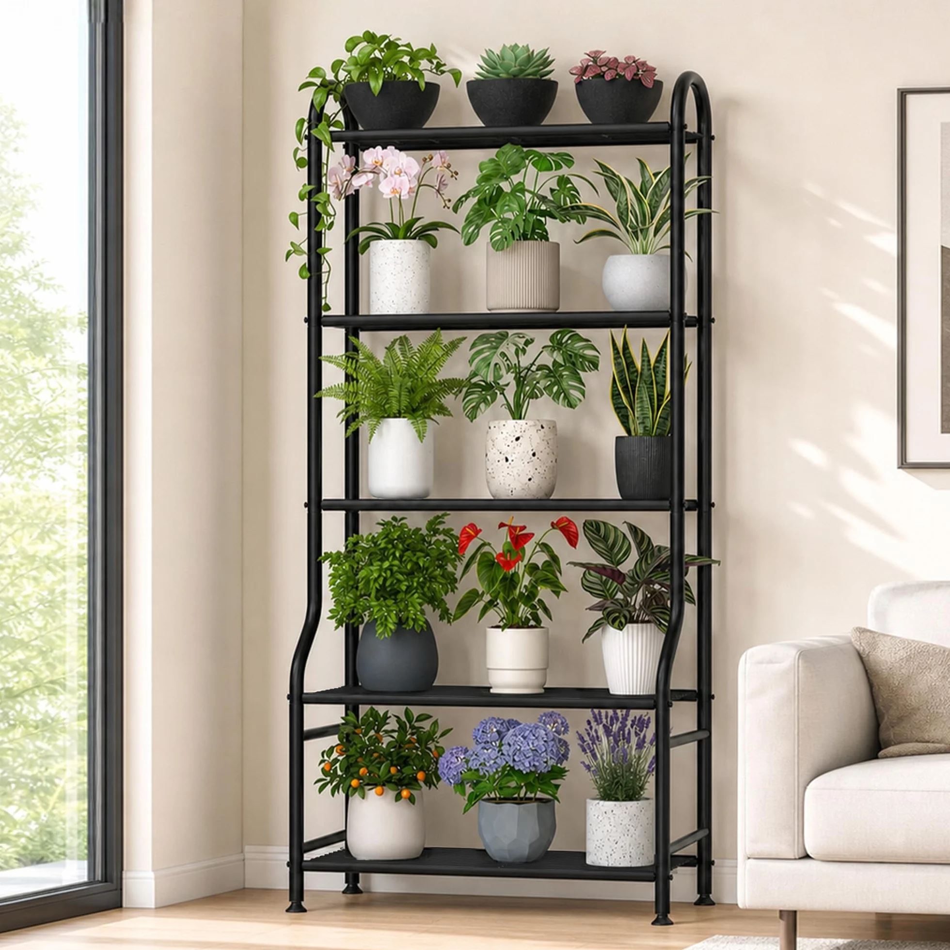 Soporte de metal para plantas de 5 niveles, estante de flores resistente para interiores y exteriores para múltiples macetas, soporte vertical de 65 pulgadas de alto con patas de nivelación