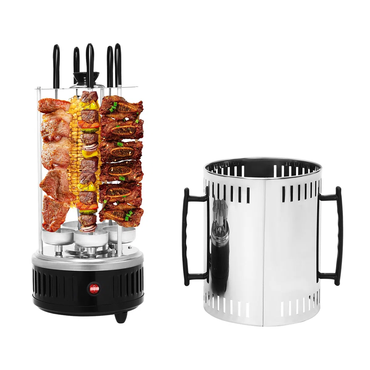 Barbacoa eléctrica vertical de acero inoxidable, parrilla giratoria de 1000W para el hogar, parrilla redonda con 5 pinchos, mangos y bandeja para goteo de aceite, Negro, Plata