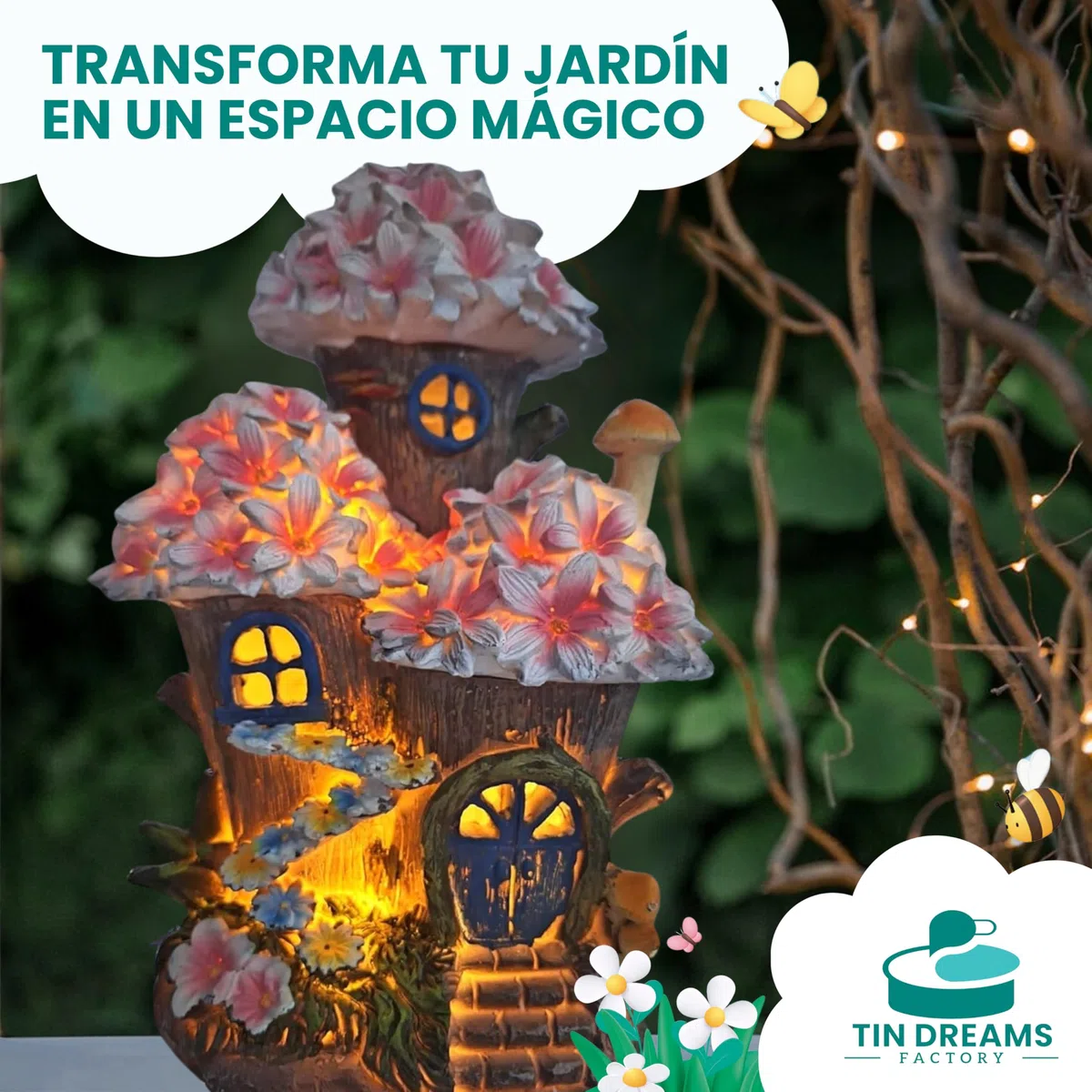 Casa del Árbol de Flores Encantadas - con Luz Solar Recargable – Figura de Fantasía para Exterior, Jardín, Patio, Terraza – Adorno Mágico con Iluminación LED Automática