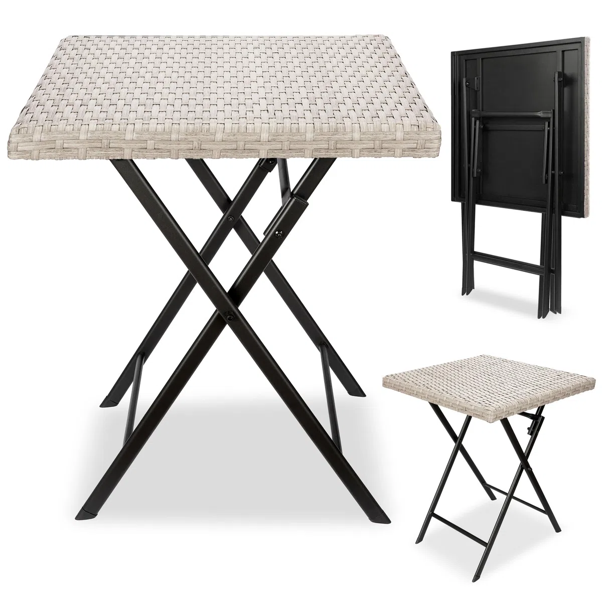 BRUBAKER Mesa de Jardín Lugano - Mesa de Balcón 58 x 58 cm Impermeable - Mesa Auxiliar Plegable de Poliratán y Metal - Mesa de Camping Cuadrada para Balcón, Terraza - Mesa Bistro - Gris Beige