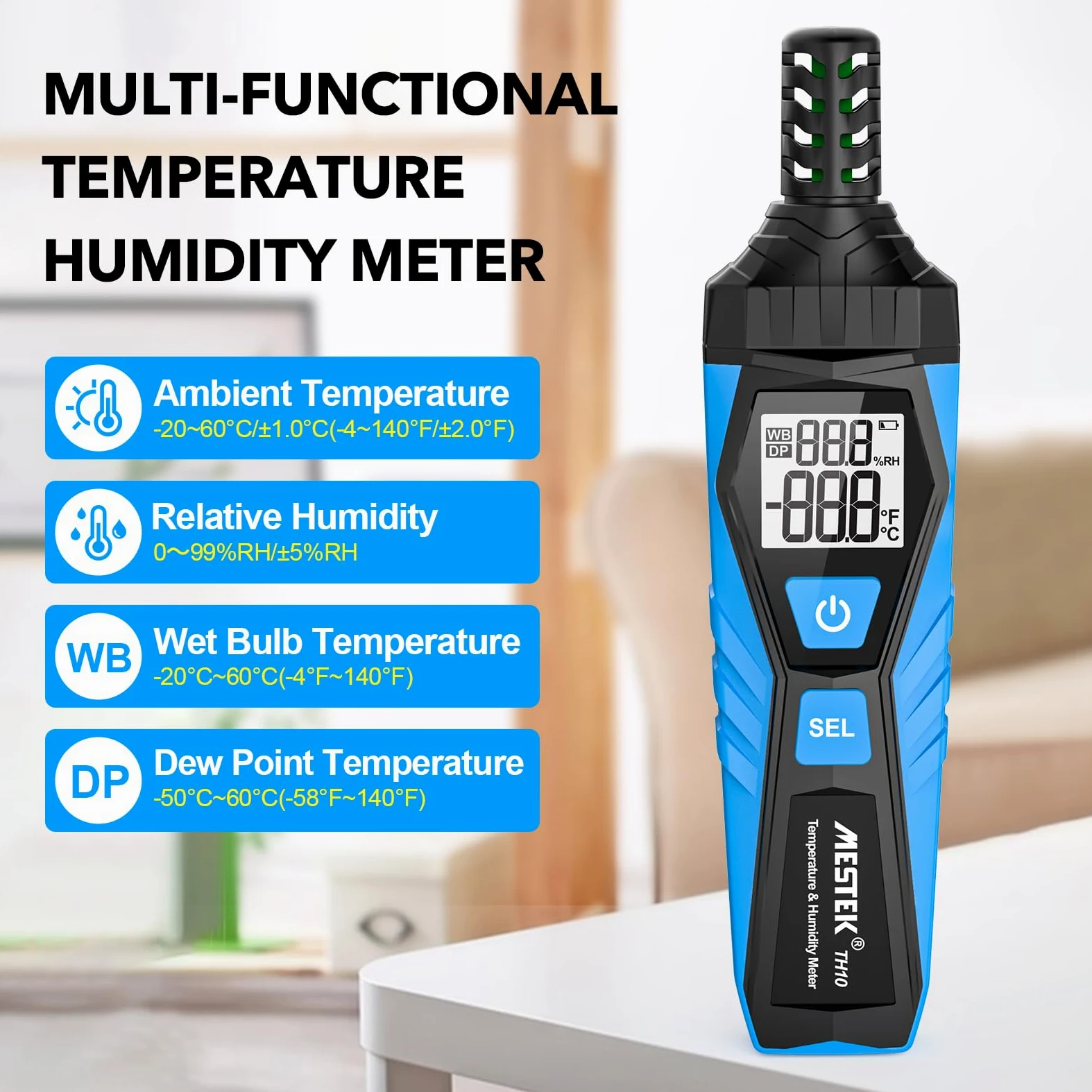 Termómetro Higrómetro MESTEK Medidor de Humedad Exterior y Interior Digital Portátil, Monitor de Temperatura y Humedad Ambiente, Punto de Rocío y Temperatura de Bulbo, para Industria Agricultura Casa