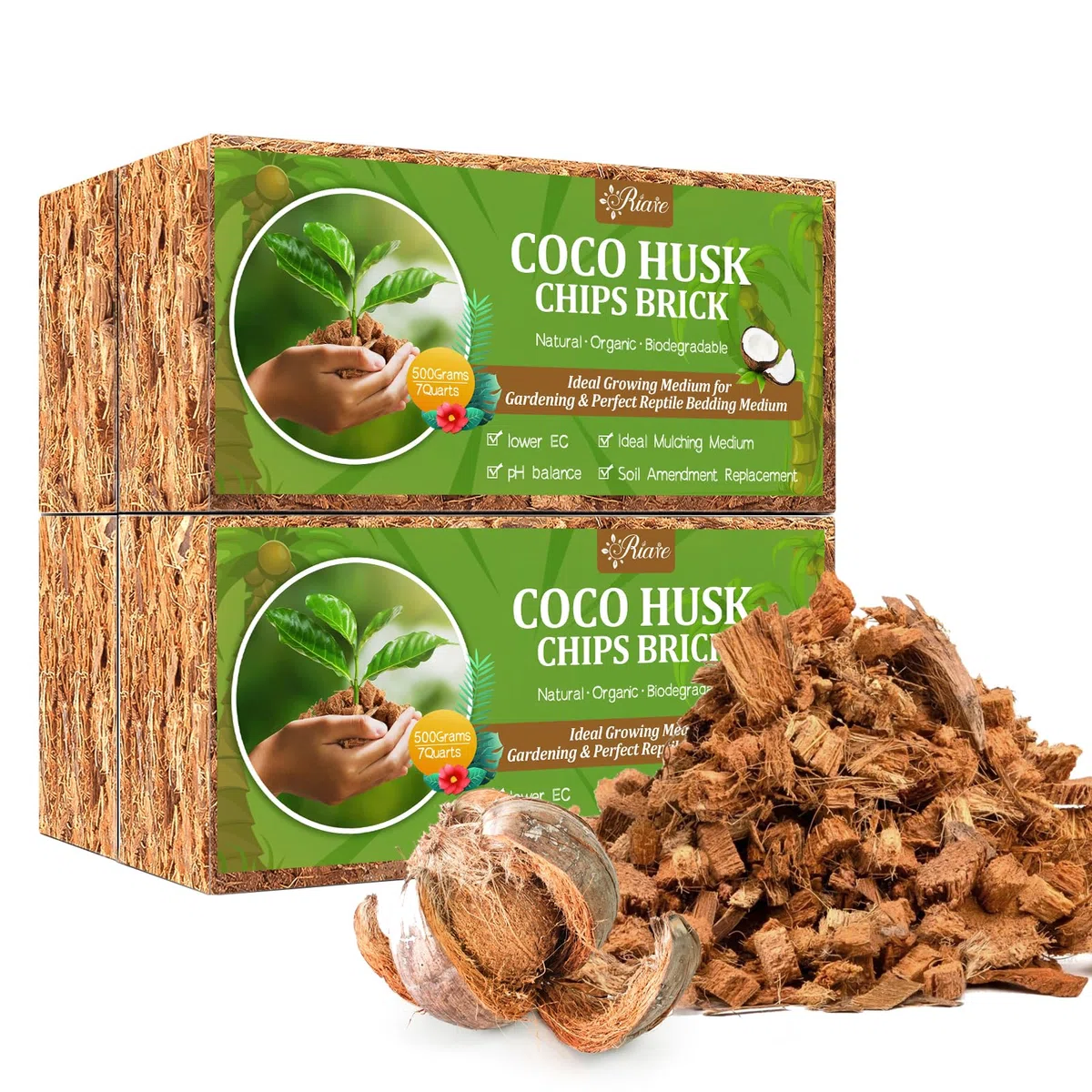 Riare Paquete de 4 chips de coco para plantas, sustrato de coco de alta expansión, mantillo de cáscara de coco para flores de jardín, hierbas, plantación (4)