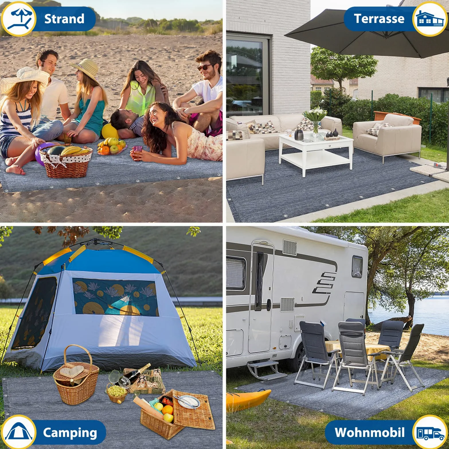 YUENFONG Alfombra para tienda de campaña, alfombra para tienda de campaña, de HDPE con ojales y piquetas, lavable, antideslizante, para exteriores, camping, juegos interiores, gris y azul