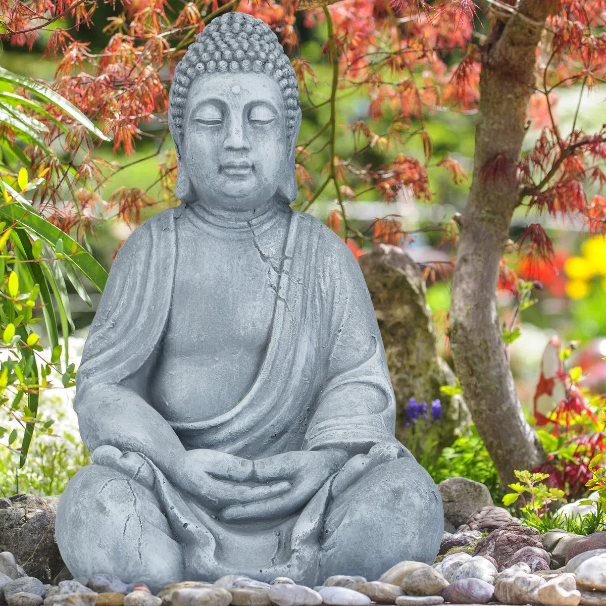 Relaxdays Estatua Buda Sentado XL para Jardín, Feng Shui, Exterior, Cerámica, 50 cm, Color Gris Claro