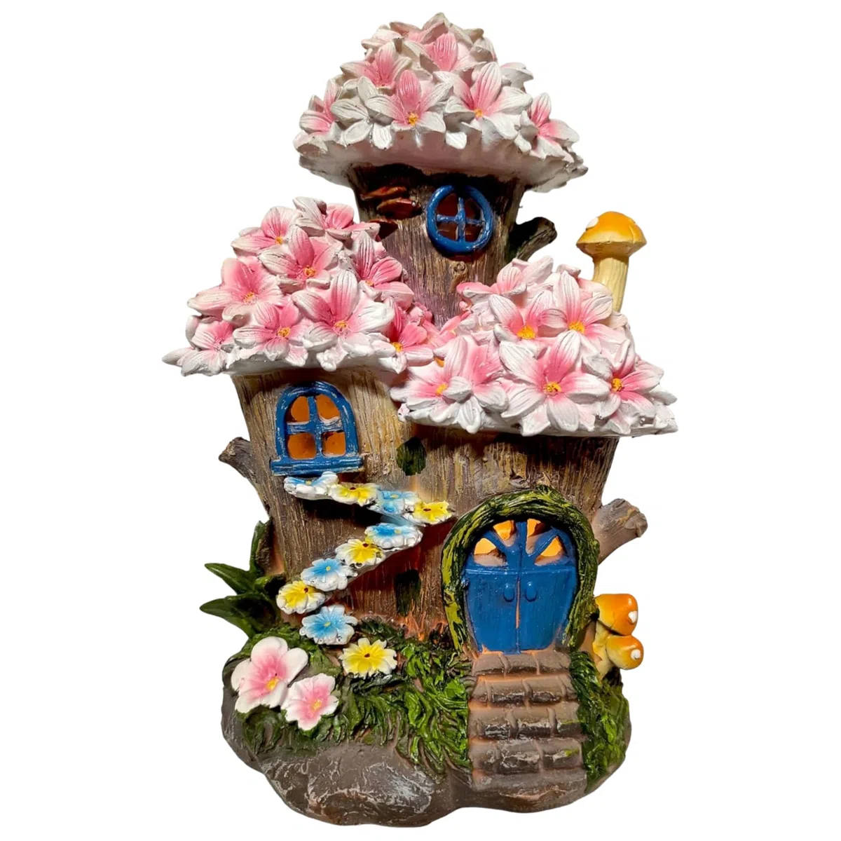 Casa del Árbol de Flores Encantadas - con Luz Solar Recargable – Figura de Fantasía para Exterior, Jardín, Patio, Terraza – Adorno Mágico con Iluminación LED Automática
