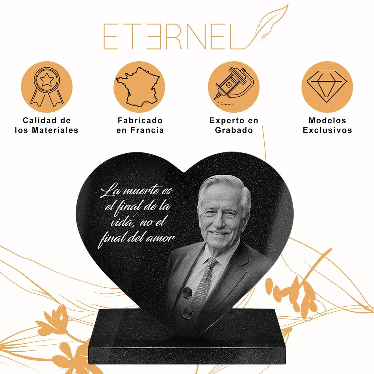 Eternel - Placa Funeraria Personalizada Premium, Corazón de Granito Macizo, Foto y Texto Grabados con Láser, Placa Funeraria con Foto Personalizada, Placa de Cementerio, Tumba, Sepultura, Entierro